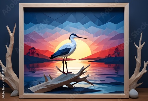 Papercut illustration an avocet bird perched on a photo