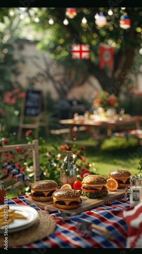 Backyard filled with guests enjoying a Memorial Day barbecue, grilling burgers close up festive atmosphere realistic Fusion picnic table
