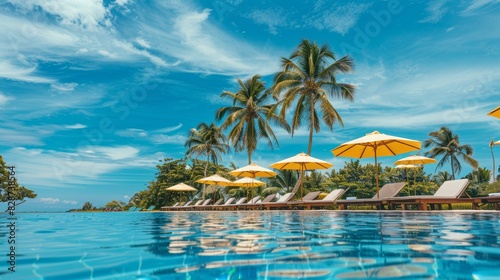 Luxury beach resort hotel swimming pool with leisure beach chairs  palm trees and blue sky