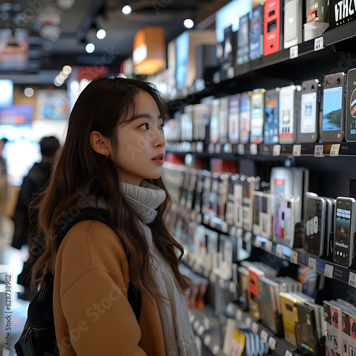 South Korean woman browsing through the latest tech gadgets at an electronics store in Gangnam Seoul