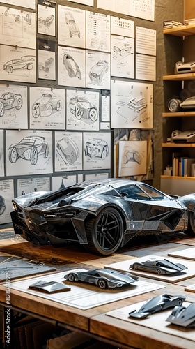 An automotive designer's desk covered in sketches and blueprints with a futuristic car model sitting on top. photo