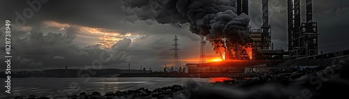 Dramatic image of a large industrial fire at a refinery under stormy skies, with thick black smoke and visible flames lighting up the dusk. photo