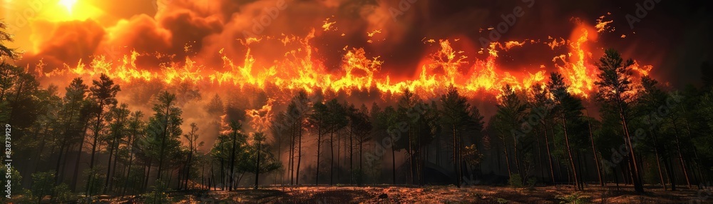 Forest wildfire in progress with flames engulfing trees under a dramatic sky, highlighting nature's destructive power and environmental impact. Forest wildfire in progress with flames engulfing trees under a dramatic sky, highlighting nature's destructive power and environmental impact.