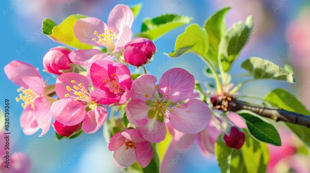 Pink Apple Tree in Springtime Close up View of Lively Apple Blossoms with Elegant Pink Blooms