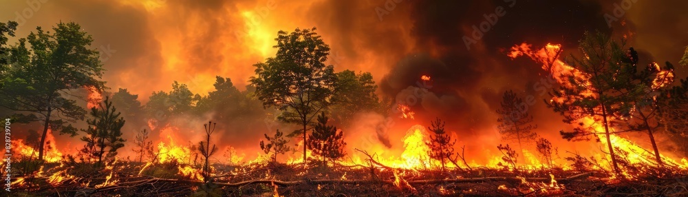 Fototapeta premium Intense forest wildfire with smoke and flames engulfing trees, depicting the fierce power of nature and the danger of wildfires.