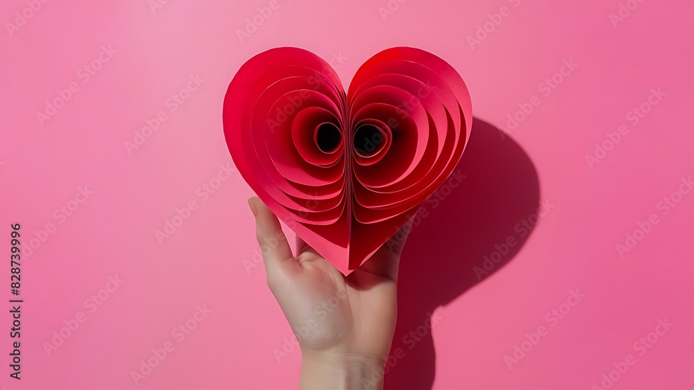 Red volumetric heart made of paper over hand with hard shadow against pink background. Red volumetric heart made of paper over hand with hard shadow against pink background.