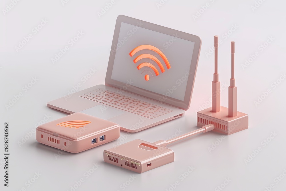 Array of laptops and Wi Fi routers in a high tech setup, representing the infrastructure of digital communication and connectivity