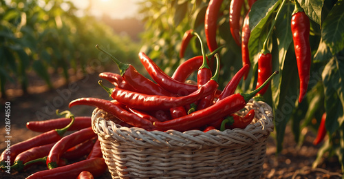 chilies are packed in baskets in the chili plant field