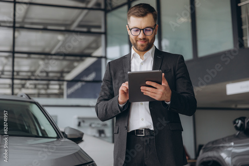 Obraz na płótnie Bearded friendly car seller in glasses and suit standing in car salon and holding tablet