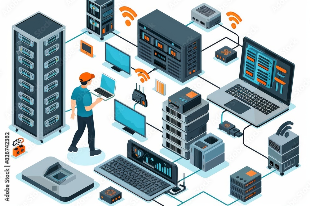 Obraz premium Server room with multiple devices connected via Wi Fi, representing robust digital infrastructure