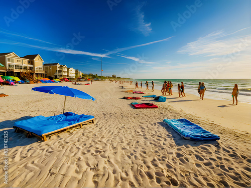 Scena na ruchliwej plaży w ciągu dnia, przedstawiająca wiele osób w strojach kąpielowych spacerujących wzdłuż brzegu i wylegujących się na niebieskich leżakach pod niebieskimi parasolami. 