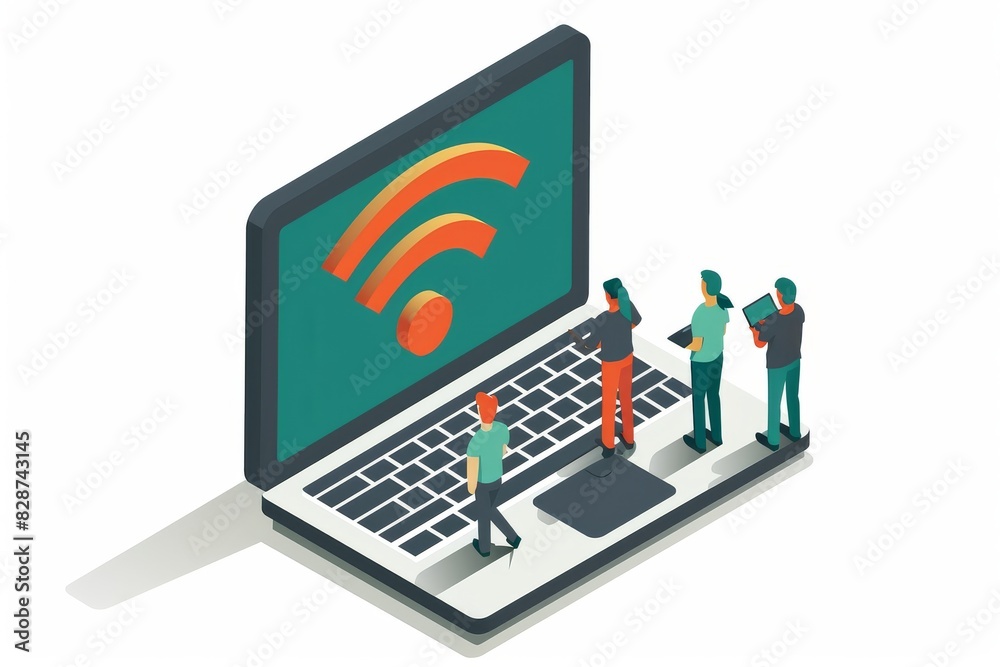 Laptop displaying a large Wi Fi symbol with people interacting around it, symbolizing community digital connectivity Laptop displaying a large Wi Fi symbol with people interacting around it, symbolizing community digital connectivity