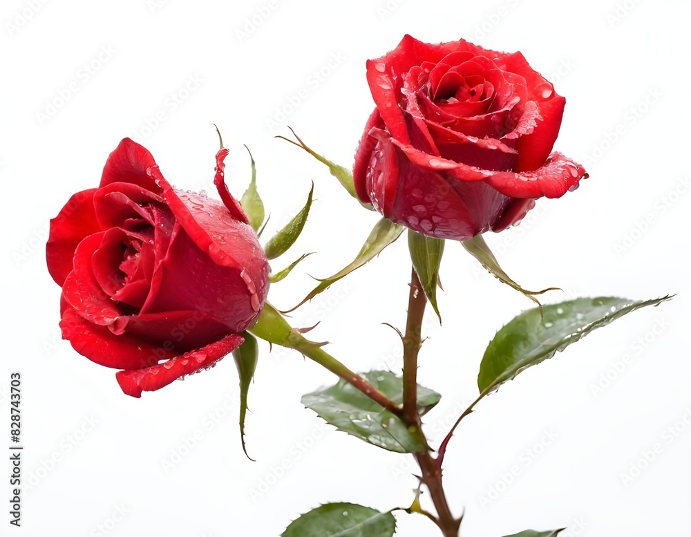 Fototapeta premium Single Red Rose With Green Leaves on White Background isolated