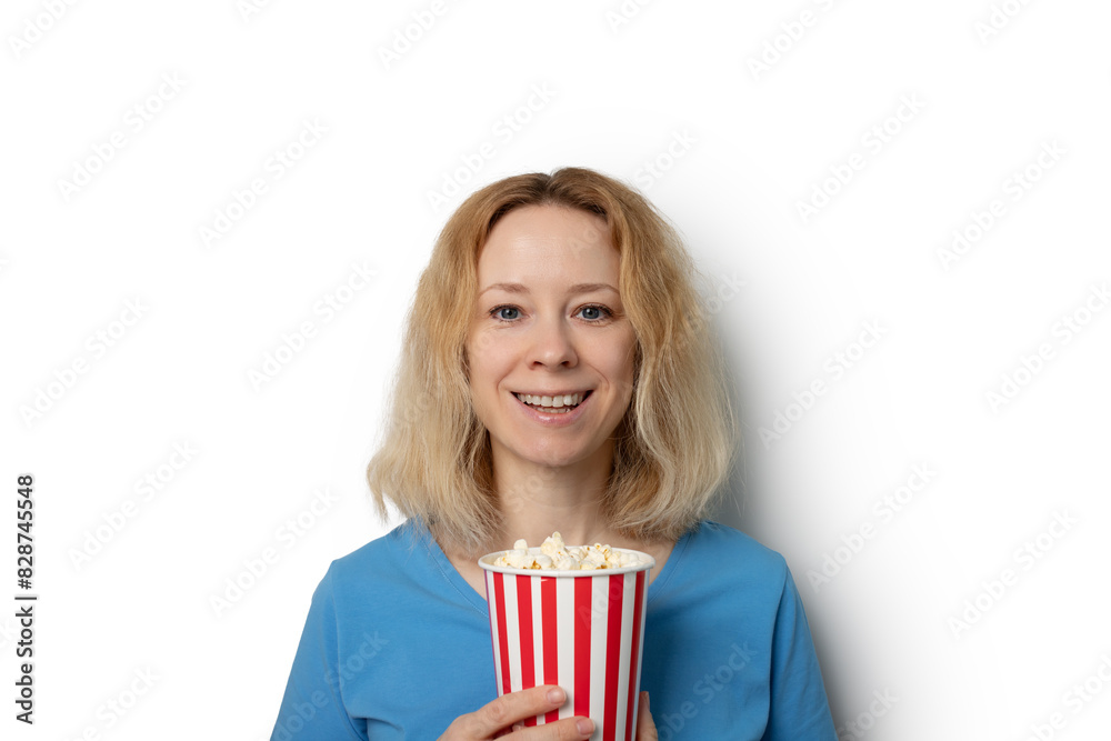 Woman eating popcorn, isolated on white, enjoying crunchy food, looking happy, watching funny film Woman eating popcorn, isolated on white, enjoying crunchy food, looking happy, watching funny film