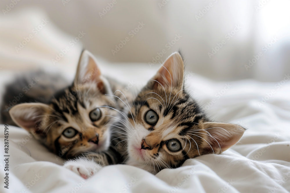two little kittens lie together on bed