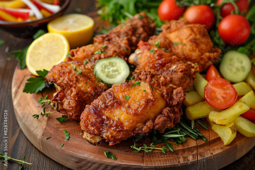fried chicken and vegetables on wooden table, selective focus fried chicken and vegetables on wooden table, selective focus
