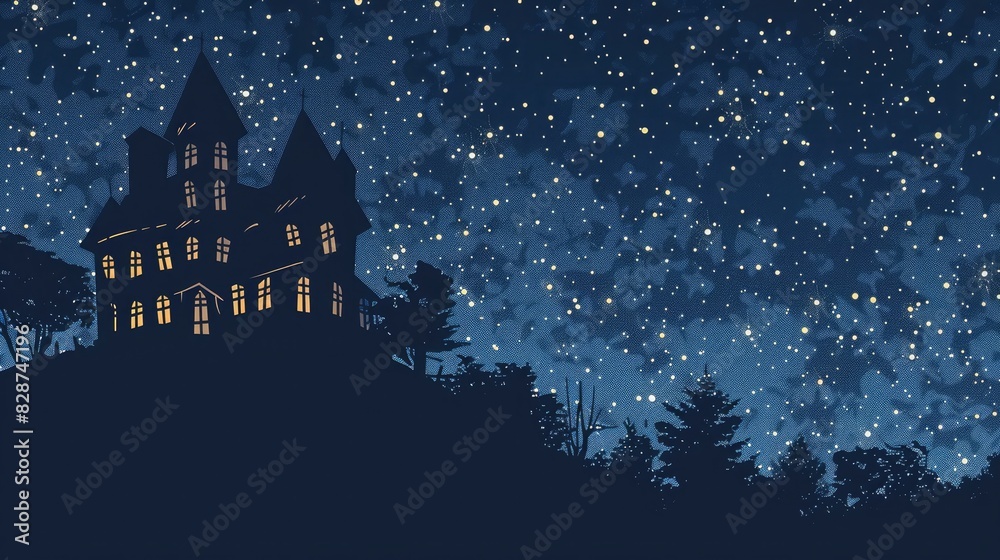 Mysterious silhouette of a haunted house under a starry night sky on a deep navy background.