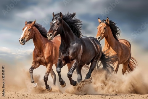 Three majestic horses galloping wild and free across the scenic desert landscape