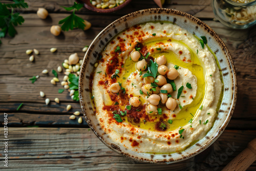 traditional oriental hummus prepared from chil-pea beans, top view