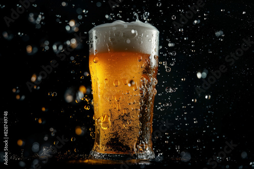 tall glass of beer on dark background with flying drops