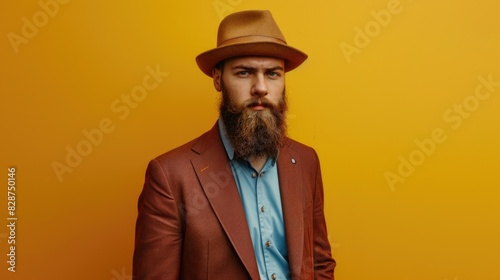 Stylish bearded man in vinous suit and hat on yellow background.