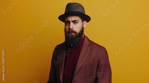 Stylish bearded man in vinous suit and hat on yellow background.