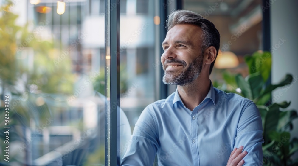 Happy businessman in office looking out the window Happy businessman in office looking out the window