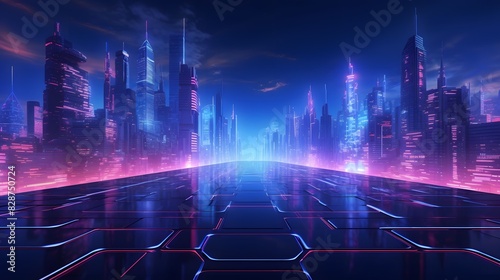 Futuristic cityscape background with glowing blue lines. High-tech skyscrapers. Generative AI.