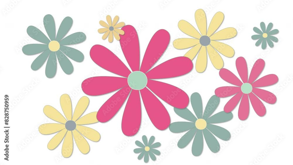 Animated flower seamless looped background. Flowers animation with alpha channel. Yellow purple green daisy flowers on white background. Animated flower seamless looped background. Flowers animation with alpha channel. Yellow purple green daisy flowers on white background.