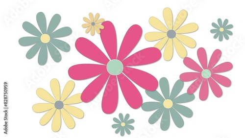 Animated  flower seamless looped background. Flowers animation with alpha channel. Yellow purple green daisy flowers on white background.	