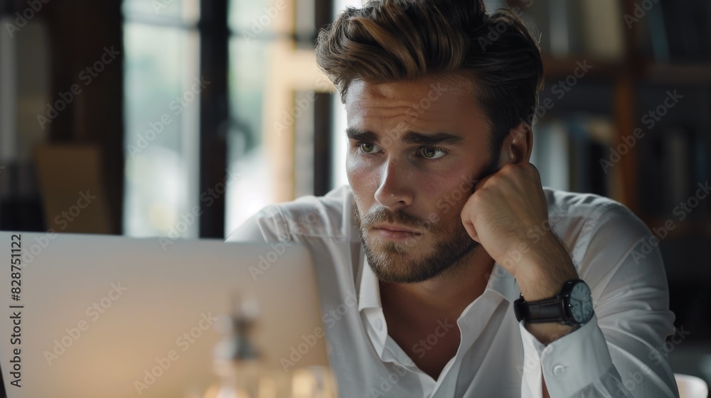 Obraz premium Handsome businessman deep in thought while working on laptop.