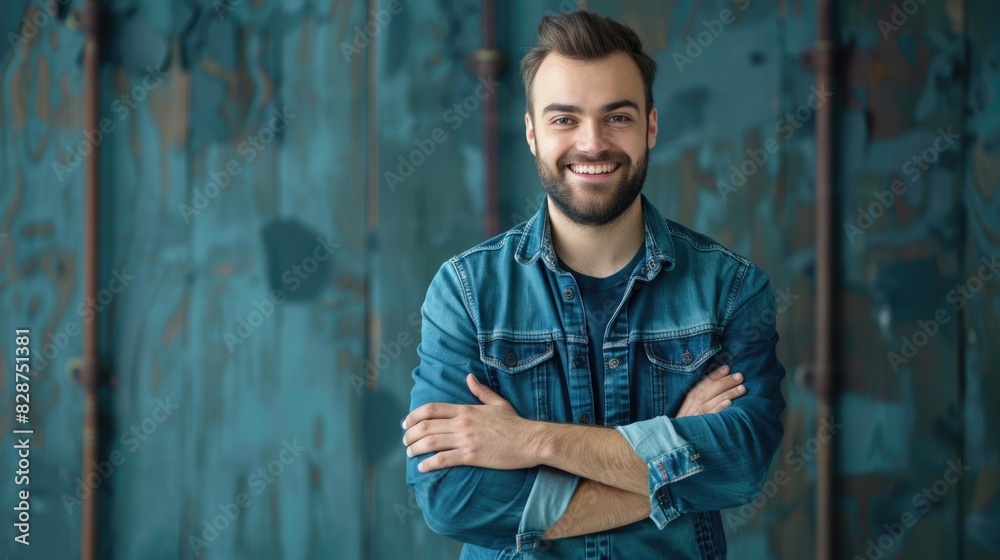 Portrait of happy fashionable handsome man in jeans shirt crossing hands and look at camera Portrait of happy fashionable handsome man in jeans shirt crossing hands and look at camera