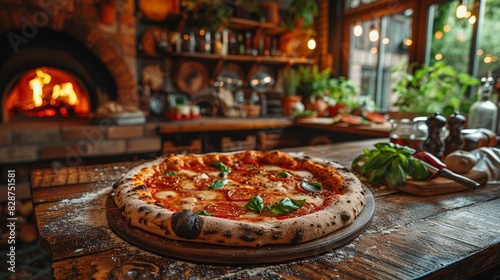 italian food presentation, an italian pizza on a rustic wooden table, just out of the oven, an inviting scene evoking italys culinary heritage with room for text photo