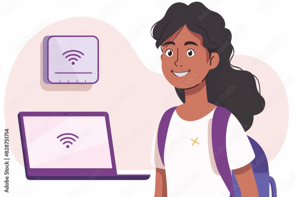 Woman using a laptop with Wi Fi symbol on a pink background, representing digital connectivity and online learning for students Woman using a laptop with Wi Fi symbol on a pink background, representing digital connectivity and online learning for students