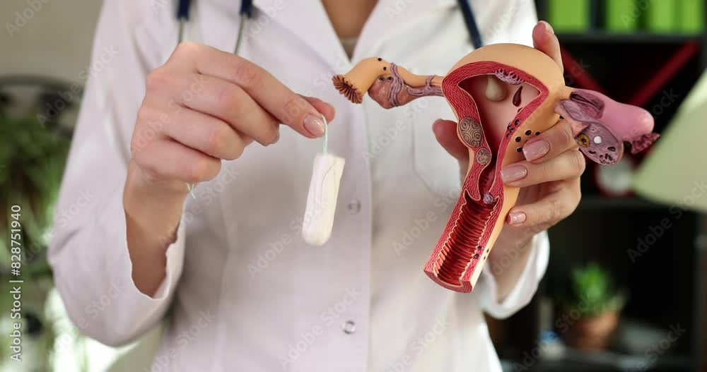 Gynecologist demonstrates model of the female reproductive system and hygienic tampon. Menstrual flow and tampon use