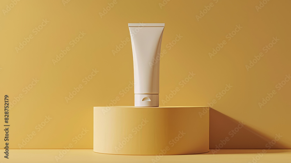 A tube of white cream sits on a yellow pedestal A tube of white cream sits on a yellow pedestal
