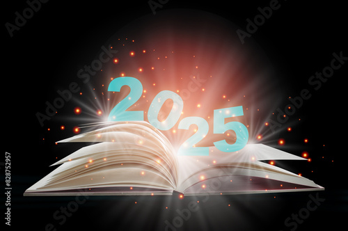 New year 2025 on open white paper fantasy book with shining pages isolated on black background. Miracle happiness holiday concept and mystery beginning idea