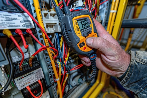 Close-up of Electrician Using Multimeter to Measure Electrical Current