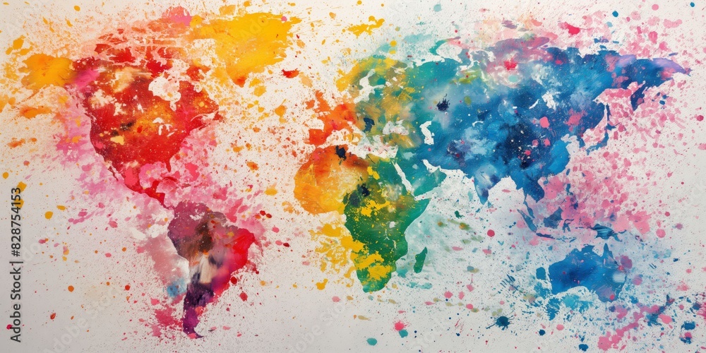 Vibrant paint splashes forming a world map represent creativity and global diversity