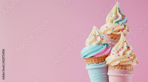 A creatively composed image of ice cream cones with intricate patterns, captured against a stylish summer background with space for copy
