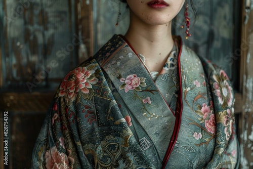 Portrait of a young woman in a kimono with floral embroidery