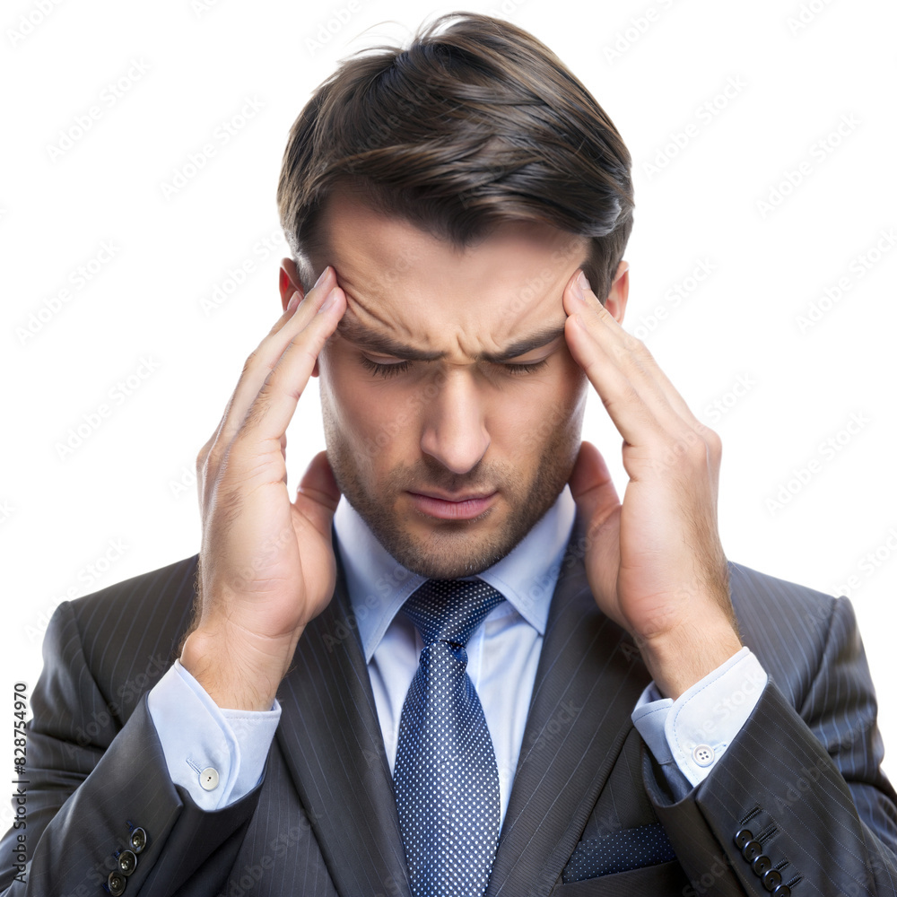 Headache Suffering Employee – Male: A portrait of a male employee suffering from a headache, massaging his temples, isolated on a white background.
Headache Suffering Employee – Male: A portrait of a male employee suffering from a headache, massaging his temples, isolated on a white background.