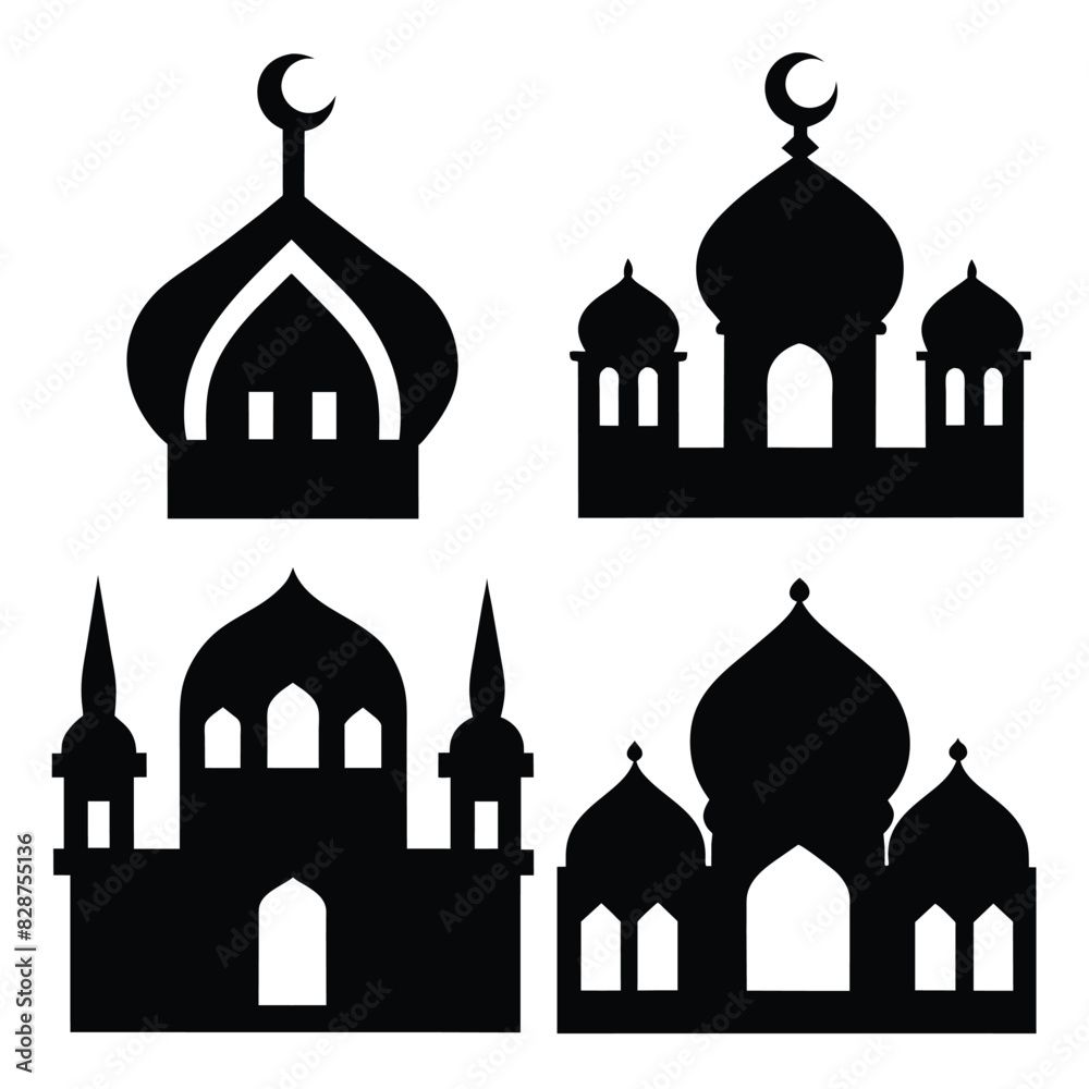 Set of Islamic ornament icons with mosque black vector on white background