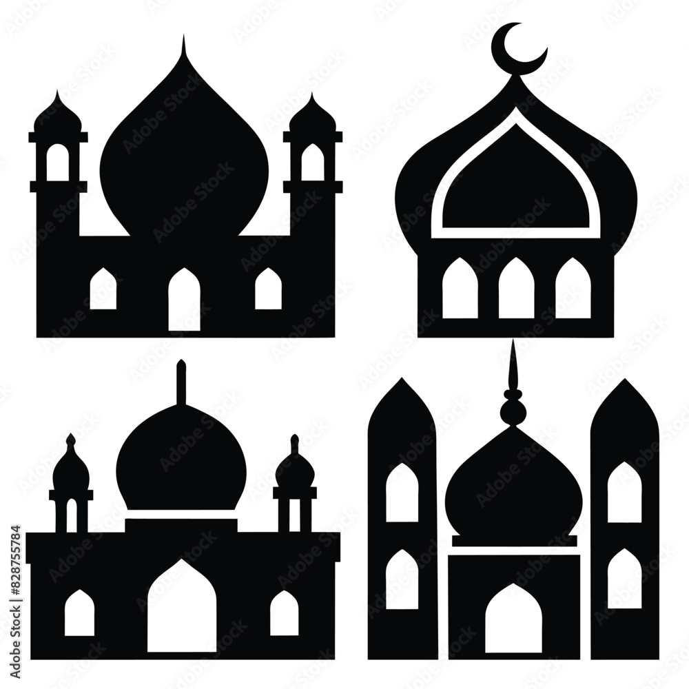 Set of Islamic ornament icons with mosque black vector on white background