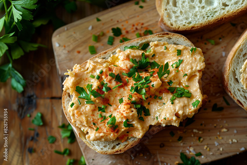 liptauer spicy cheese spread eaten on slice of bread on table, top view
