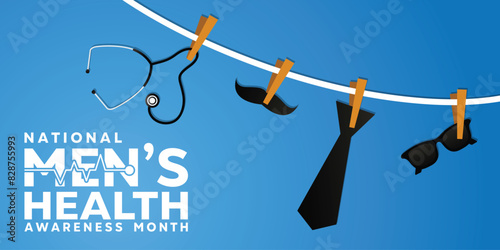 National Mens Health Awareness Month. Stethoscope, mustache, tie and glasses. Great for cards, banners, posters, social media and more. Blue background. 