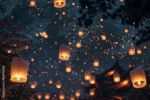 A sky full of glowing lanterns, with some of them being lit photo