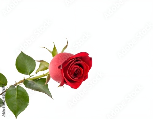 Single Red Rose With Green Leaves on White Background isolated