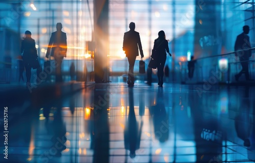 Silhouette of Business People Walking in Modern Airport Terminal at Sunrise