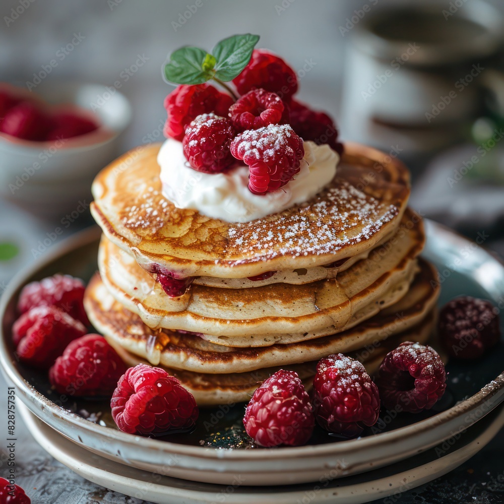 a classic fluffy pancake with mixed raspberries topped with whipped cream a classic fluffy pancake with mixed raspberries topped with whipped cream